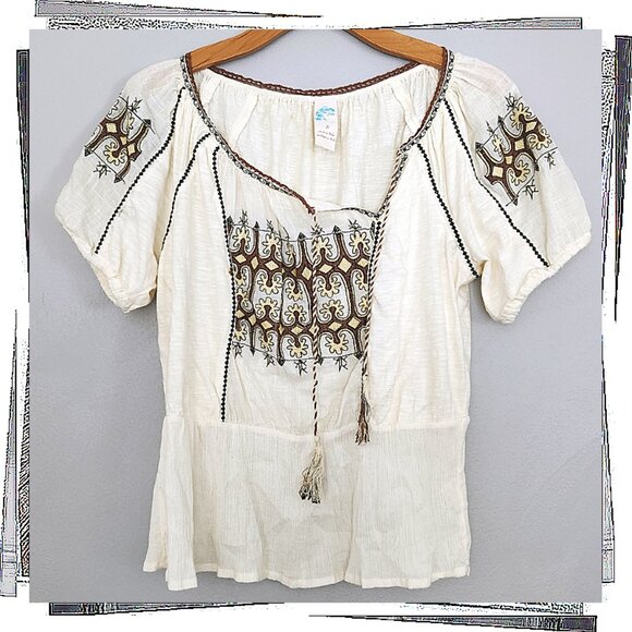 Cream Peasant Style Boho Top w/ Embroidery n' Tie (S) by C KEER - Picture 3 of 6